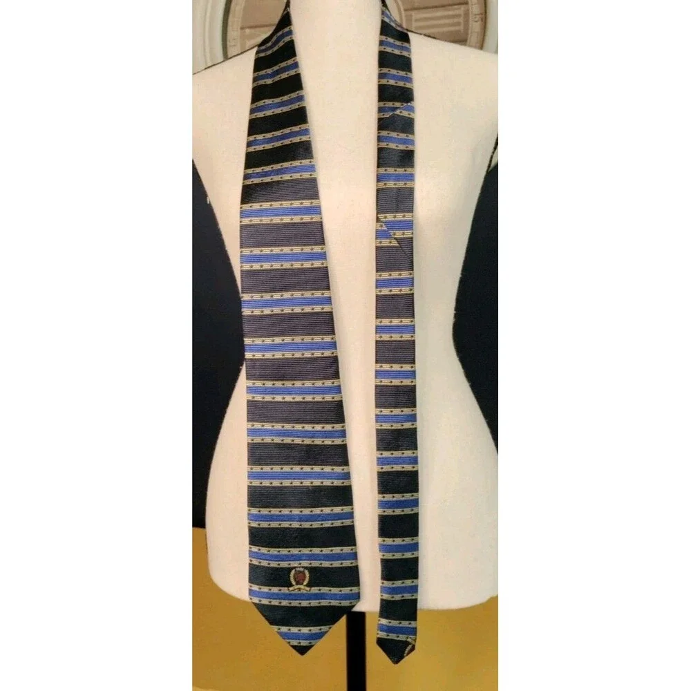 Vintage Tommy Hilfiger Tie 100% Italian Silk Made USA Blue Yellow Logo EUC